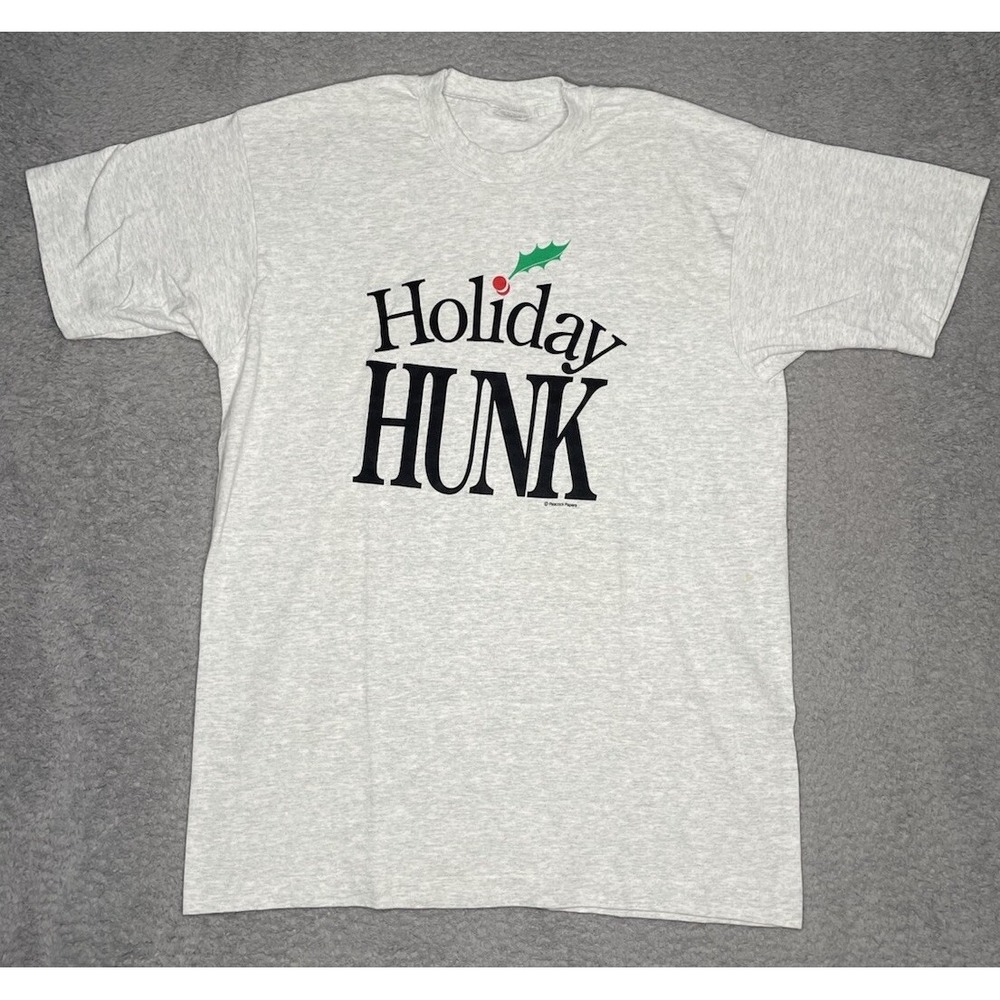 Vtg Peacock Paper "Holiday Hunk"‎ Mens Large Tshirt Gray Single Stitch USA Made